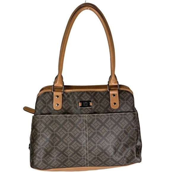 Big Buddha 2 Tone Brown Logo Pattern 3 Large Compartment Top Zip Satchel Handbag - Picture 16 of 16